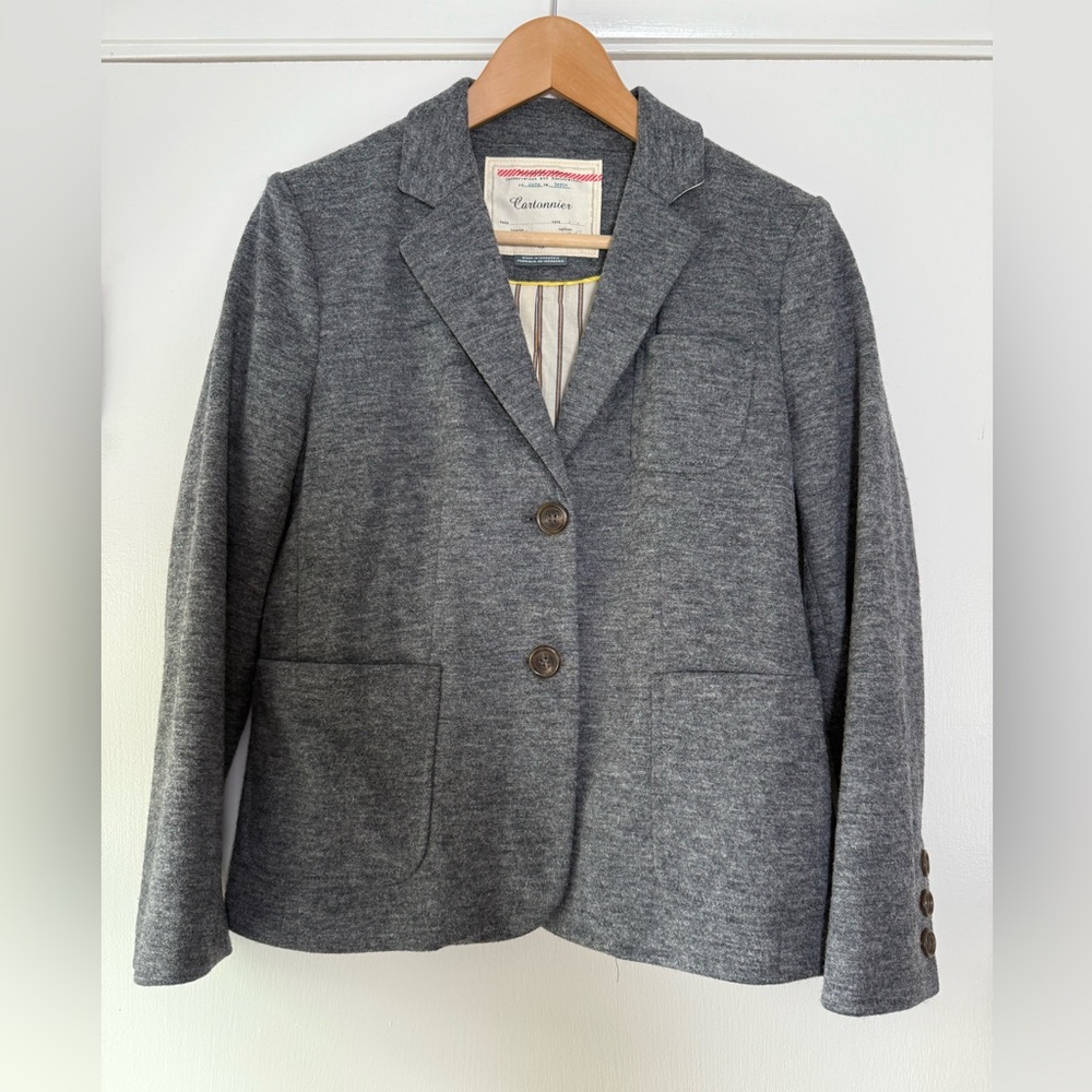 Anthropologie Cartonnier Gray Flannel Wool Blend Blazer Jacket Classic Preppy